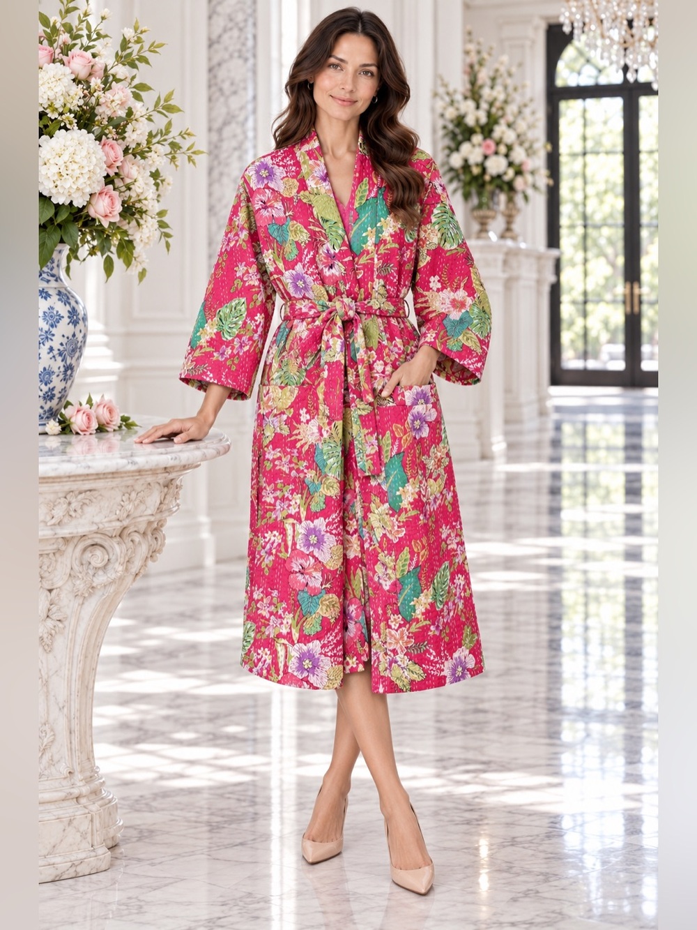 bright hot pink (fuchsia), Multicolor Floral Kantha Robe Cotton Kimono Boho One